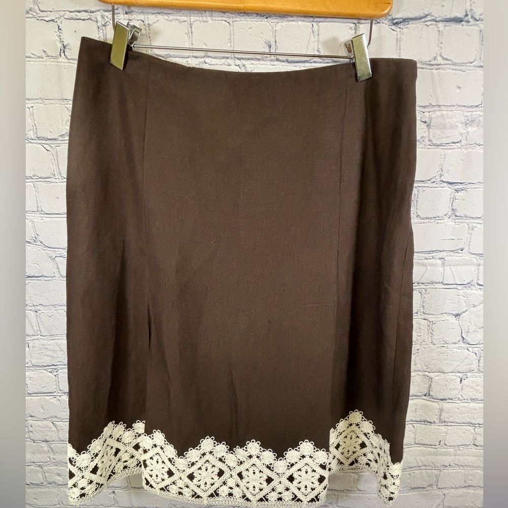 LOFT Brown Cream Crochet Hem Linen Blend Boho Casual Classic A-line Skirt 12